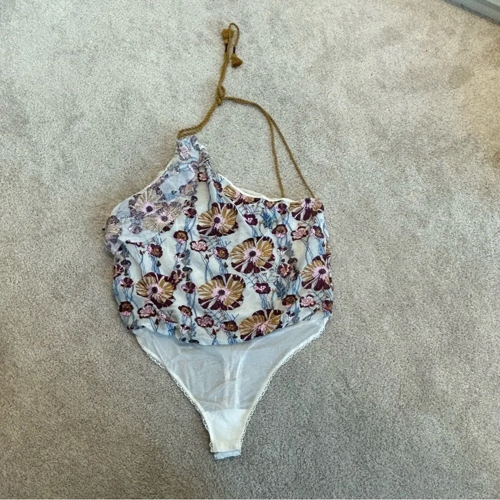 Free People Intimately Day Date one Shoulder floral embroidered bodysuit L NWT
